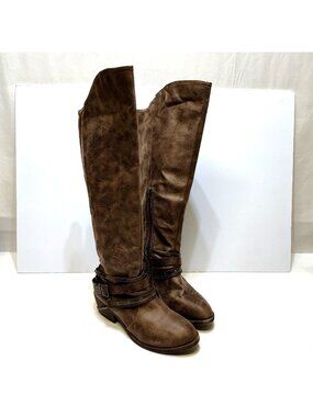 POP Aleeya 8M Brown Faux Suede Knee High Boots With Straps & Zipper Closure VGC